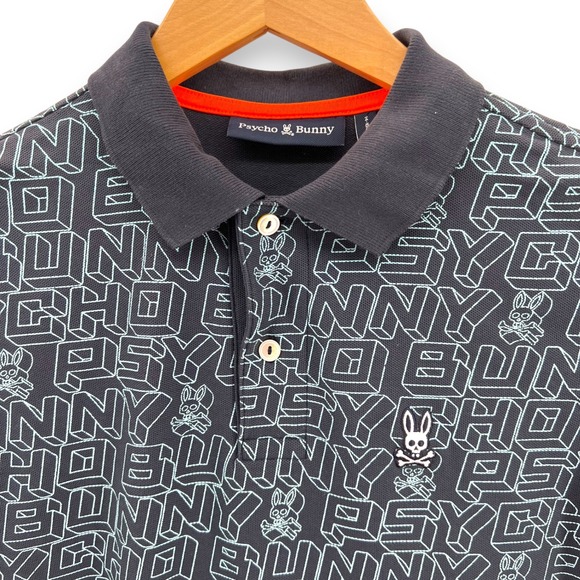 Psycho Bunny Boys All Over Logo Print Polo Shirt Navy Blue Size 14-16 Large - Picture 2 of 6